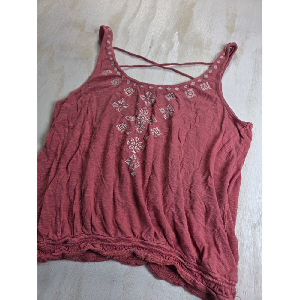 Cape Juby Boho Embroidered Strappy Back Smocked Tank Top Rose Pink Medium